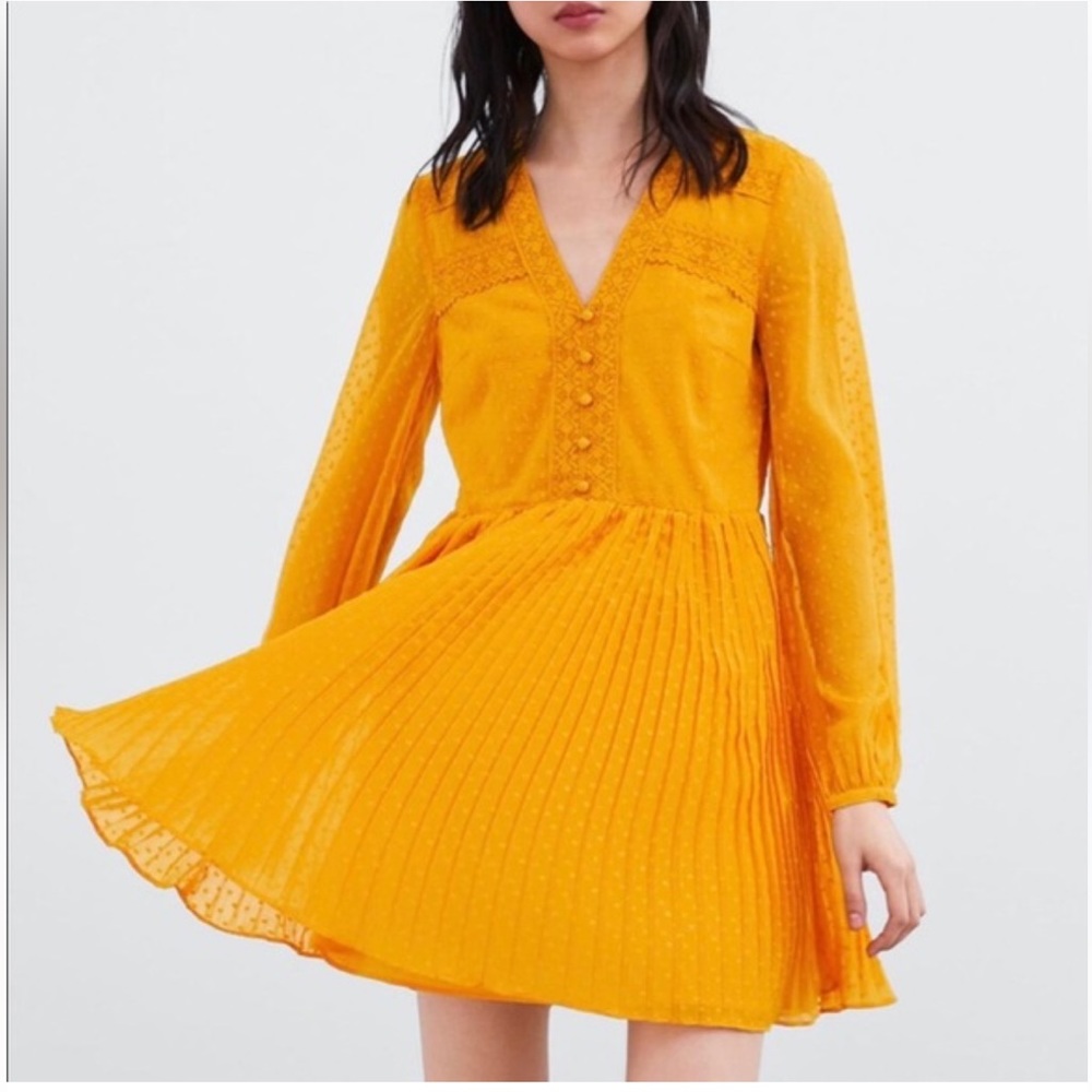 Zara yellow dotted mesh dress with long sleeves